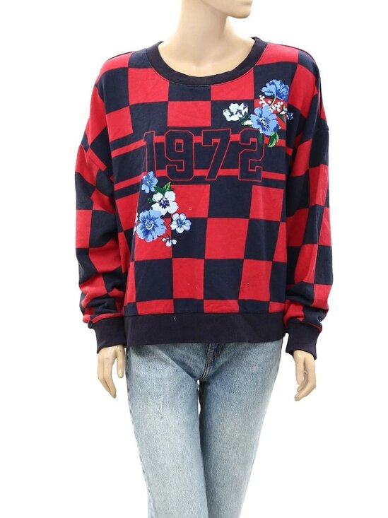 Maeve Anthropologie Printed Crew Sweatshirt Top Floral Oversized Plaid XS 283853 - Picture 5 of 8